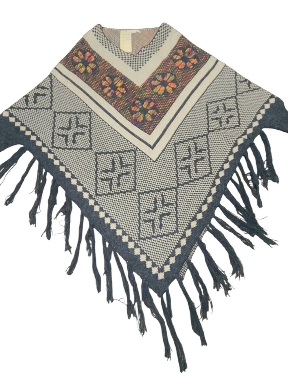Fringed Knit Poncho with Floral Yoke in Navy and Cream